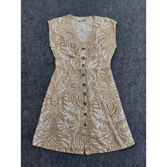 LOFT Dresses & Skirts - Loft‎ Linen Dress Womens 4 Brown White Button Front Paisley Print Beach V Neck